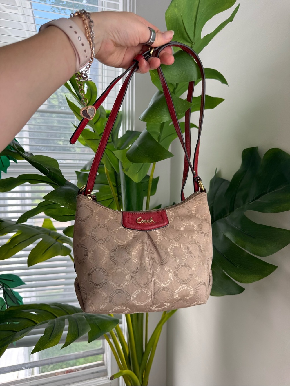 COACH Ashley Dotted Op Art Beige Jacquard/Red Leather Handbag Purse F20088